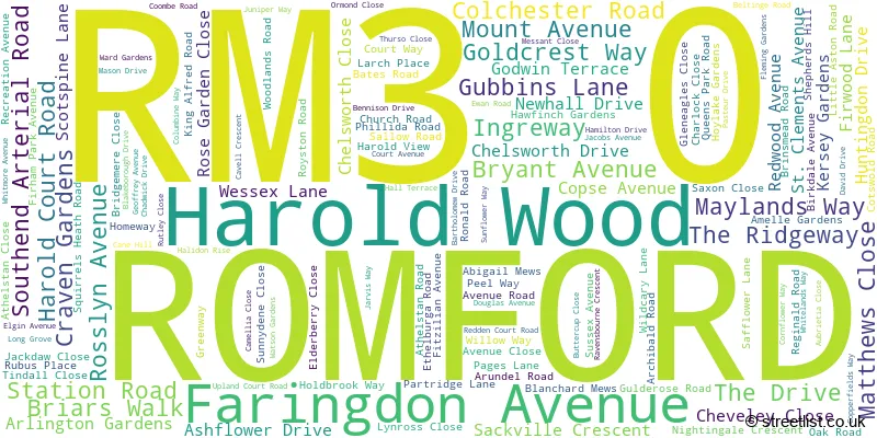 A word cloud for the RM3 0 postcode